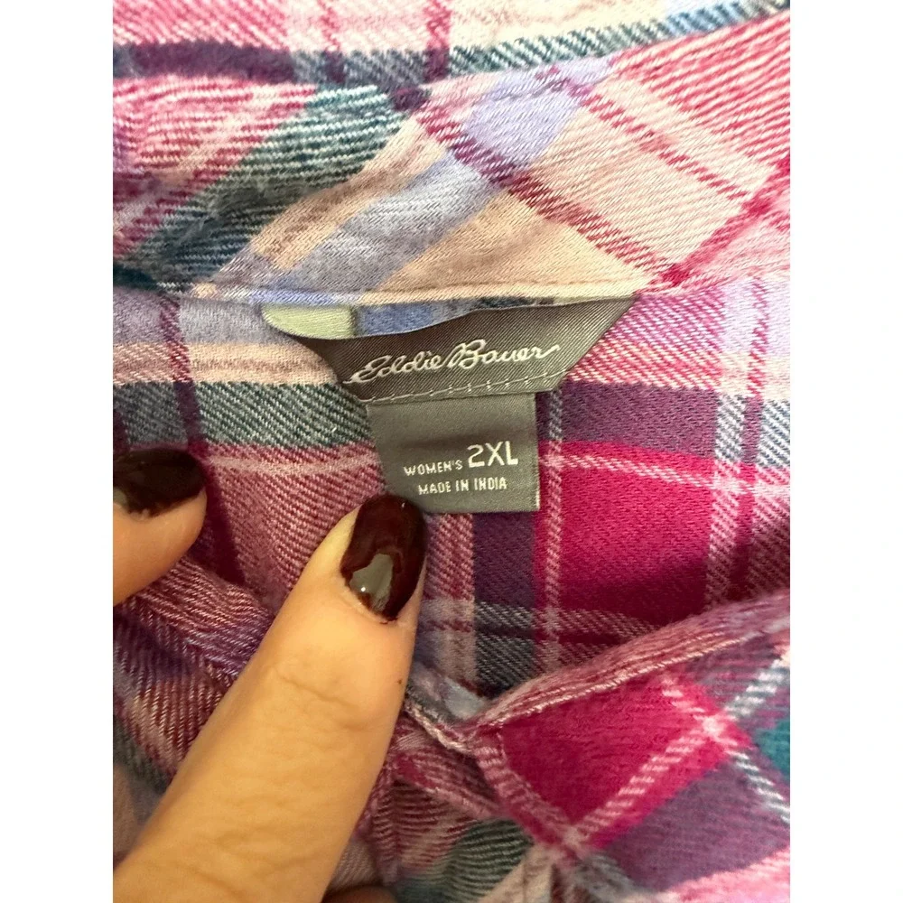 Lucky Brand Women 2XL Plaid Sheer Overlay Button Down Shirt Cotton Pink Burgundy